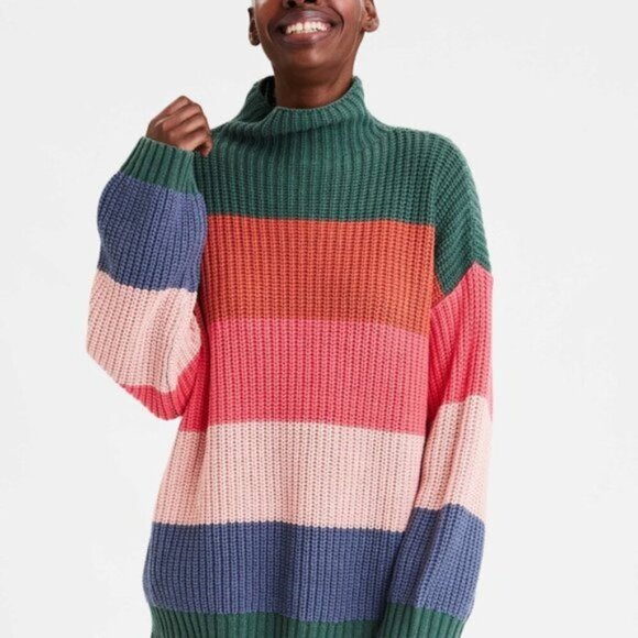 American Eagle Outfitters Sweaters - AMERICAN EAGLE OUTFITTERS Oversized Rainbow Striped Mock Neck Sweater Women's S
